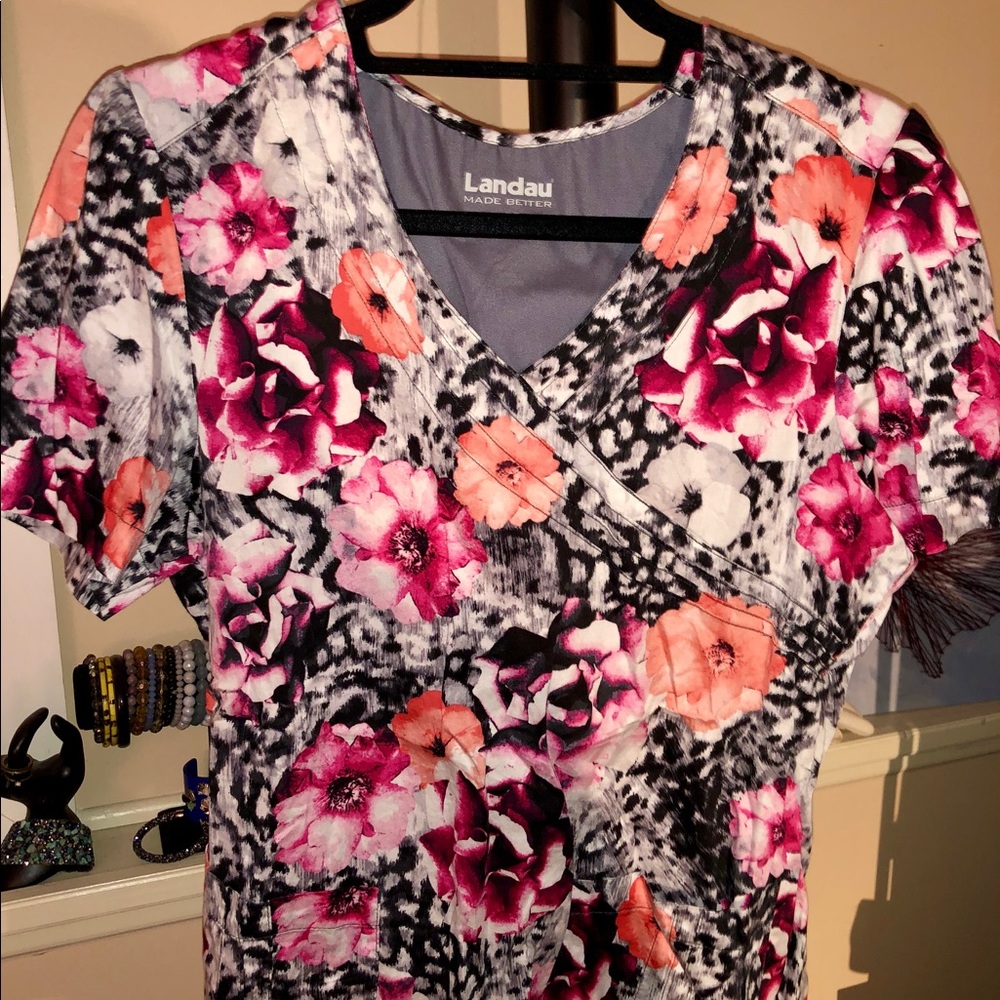 Landau Floral V-Neck Scrub Top - Pink, Orange, Black, White